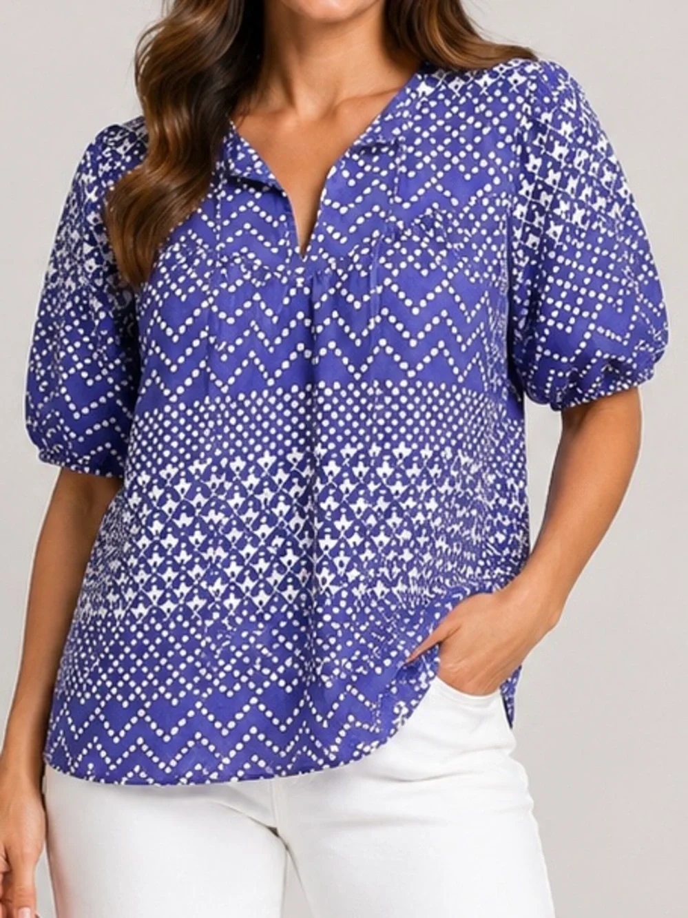 LOFT Outlet Blue & White Printed Cotton Modal Peasant Blouse Size Large